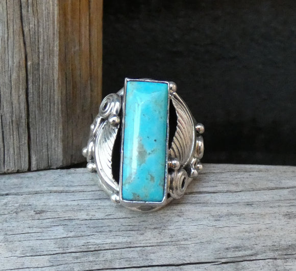 Native American Navajo Rectangle Turquoise Silver Leaf Scroll Ring Size 8
