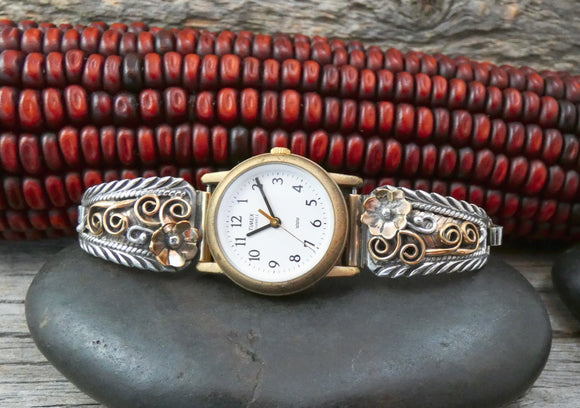 Vintage Authentic Native American Navajo 12KGF Silver Women's Flower Watch Band