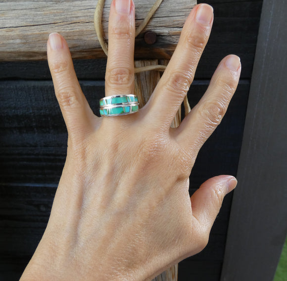Unisex Native American Navajo Sterling Silver Sonoran Gold Turquoise Band Ring