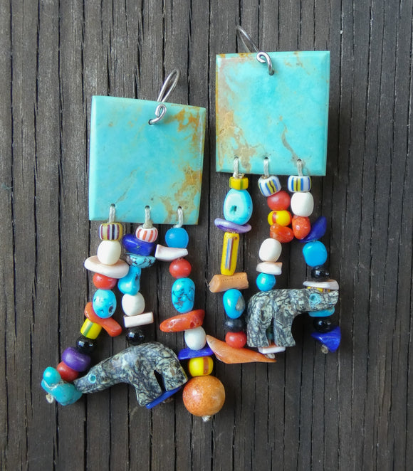 Native American Navajo Fetish Turquoise Multi Bead Treasure Dangle Earrings