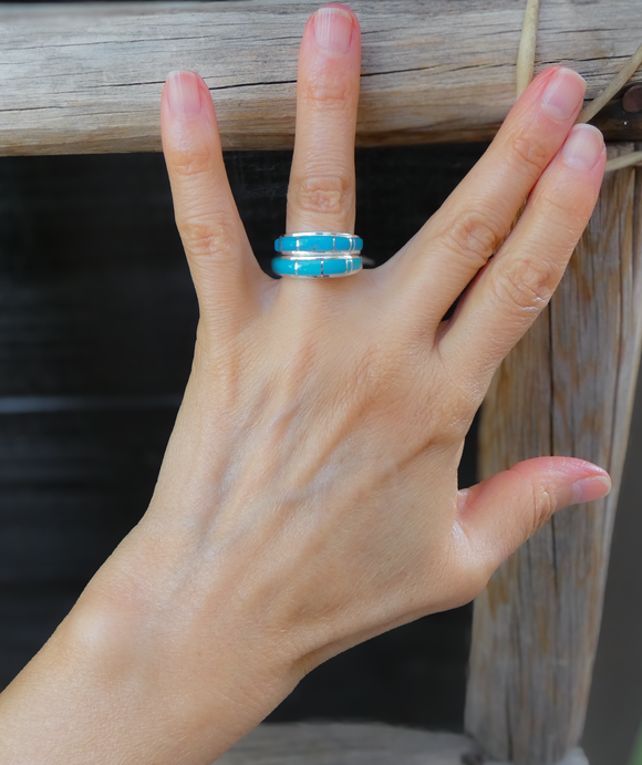 Unisex Native American Navajo 925 Sterling Silver Kingman Turquoise Band Ring