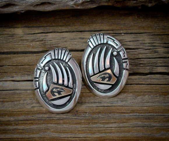 Native American Vintage Navajo Bear Fetish Bear Paw 14K Gold Sterling Silver Post Earrings