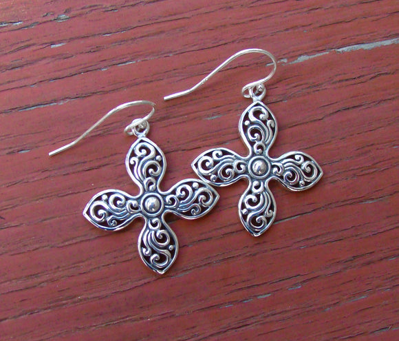 Filigree Cross Silver Dangle Earrings
