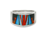 Navajo Fire Opal Onyx Inlay Women's Angular Band Ring Size 8.5