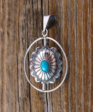 Native American Navajo Turquoise Coral Reversible Silver Concho Pendant & Chain