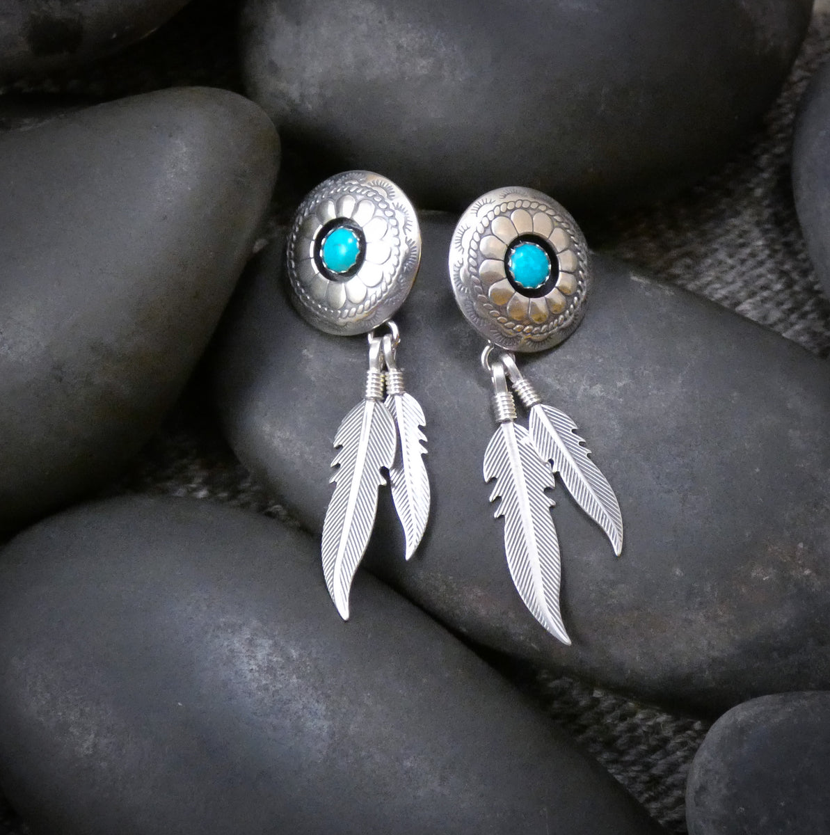 Navajo Birdseye Turquoise Feather high quality Dangle Earrings Silver Drops 0025