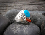 Men's Navajo Sterling Silver Turquoise Coral Ring Size 12