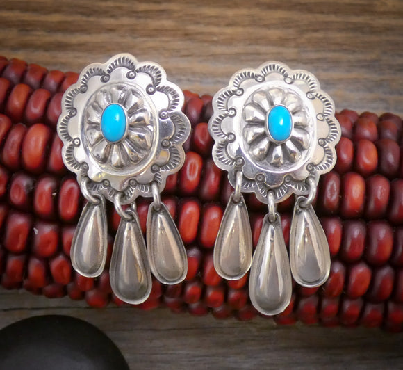 Native American Navajo Silver Turquoise Fringe Concho Dangle Earrings, Repoussé