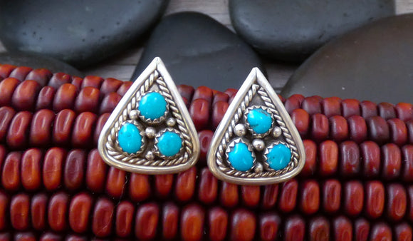 Turquoise Cluster Silver Post Earrings Native American Navajo