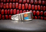 Unisex Native American Navajo Silver Turquoise Multi Inlay Ring Size 9.75