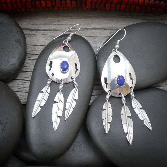 Native American Navajo Sterling Silver Lapis Feather Dangle Earrings