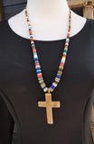 Native American Navajo Turquoise Multi Stone Long Bead Necklace w/ Cross 29 Inch