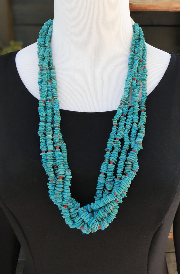 Vintage Santo Domingo, Native American Turquoise Coral Nugget 5 Strand Necklace