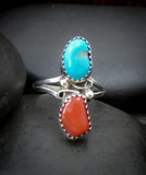 Native American Navajo Silver Coral Turquoise Ring Size 7 Vintage