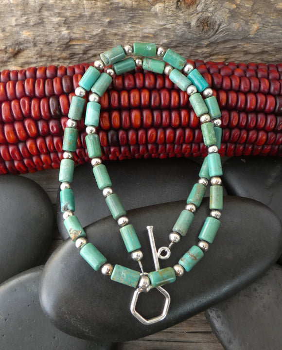 Turquoise, Navajo Sterling Silver Turquoise Rolled Bead Necklace