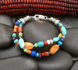 Native American 2 Strand Navajo Vintage Turquoise Multi Bead Treasure Bracelet