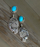 Native American Turquoise Sterling Silver Kokopelli Dangle Post Earrings