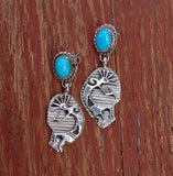 Native American Turquoise Sterling Silver Kokopelli Dangle Post Earrings