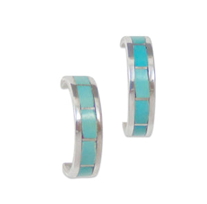 Native American Zuni Sterling Silver Inlay Turquoise Partial Hoop Earrings