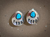 Vintage Navajo Turquoise Silver Bear Paw Shadow Box Clip On Earrings