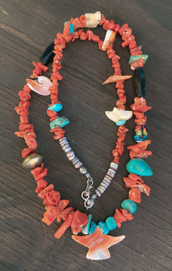Vintage Native American Santo Domingo Coral Turquoise Fetish Treasure Necklace