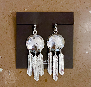 Native American Navajo Sterling Silver Hammered Concho Feather Dangle Earrings