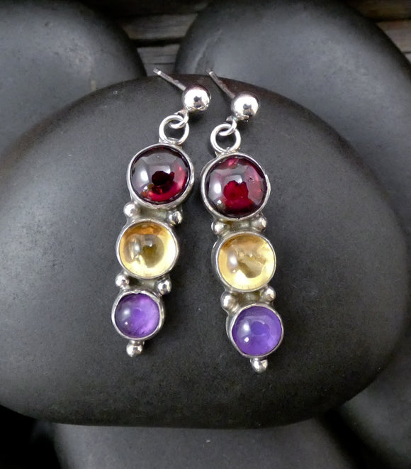 Navajo Native American Garnet Citrine Amethyst 925 Sterling Silver Dangle Earrings