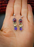 Navajo Native American Garnet Citrine Amethyst 925 Sterling Silver Dangle Earrings