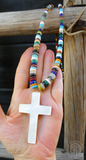 Native American Navajo Turquoise Multi Stone Long Bead Necklace w/ Cross 29 Inch