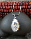 Vintage Zuni Mother of Pearl Onyx Turquoise Flower Silver Pendant