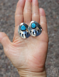 Vintage Native American Silver Bear Paw Shadow Box Turquoise Pierced Earrings