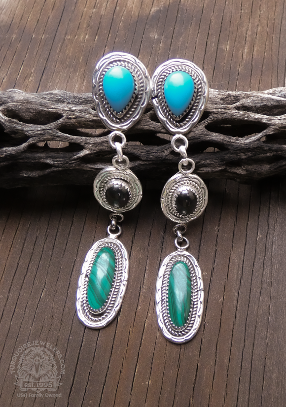 Native American Navajo Sterling Silver Malachite Onyx Turquoise Dangle Earrings