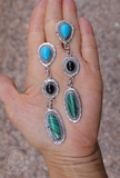 Native American Navajo Sterling Silver Malachite Onyx Turquoise Dangle Earrings