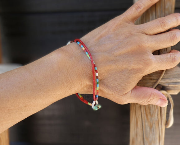 Native American Seed Bead Coral Turquoise Multi Stone Delicate Heishi Bracelet
