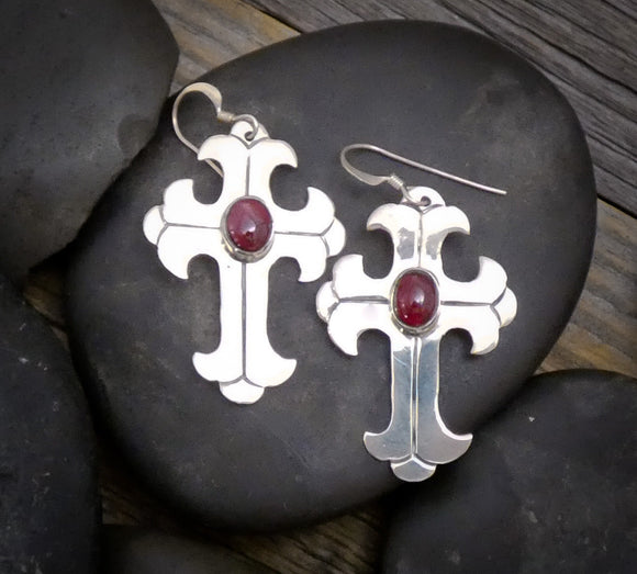 Native American Silver Garnet Cross Dangle Earrings