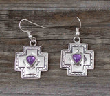 Navajo Native American 925 Sterling Silver Amethyst Heart Cross Dangle Earrings