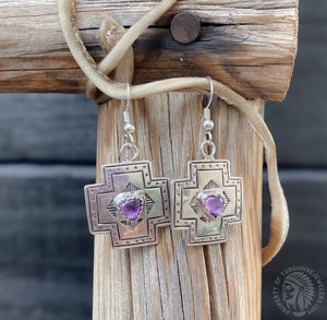 Navajo Native American 925 Sterling Silver Amethyst Heart Cross Dangle Earrings