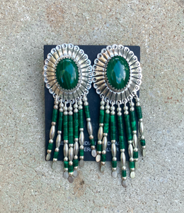 Native American Sterling Silver Malachite Fringe Dangle Earrings