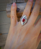 Unique Diamond Cut Sterling Silver Garnet Marquise Ring Size 6 & 6.5