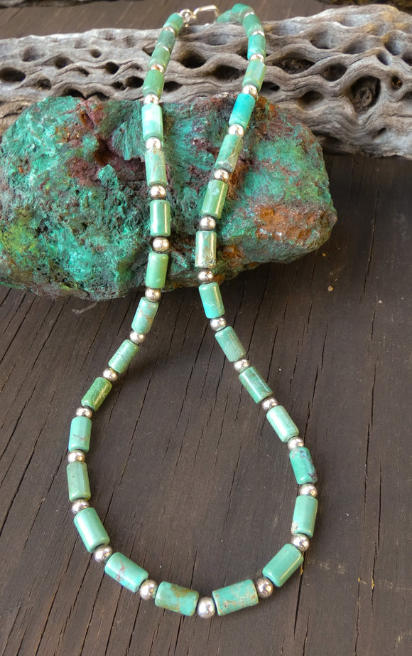 Turquoise Sterling Silver Turquoise Rolled Bead Necklace Navajo Handmade