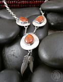 Native American 3 Piece Spiny Oyster Inlay Feather 925 Sterling Silver Necklace