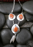 Native American 3 Piece Spiny Oyster Inlay Feather 925 Sterling Silver Necklace