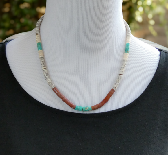 Native American Turquoise, Pin Shell, Voluta Shell Heishi Choker Necklace 19