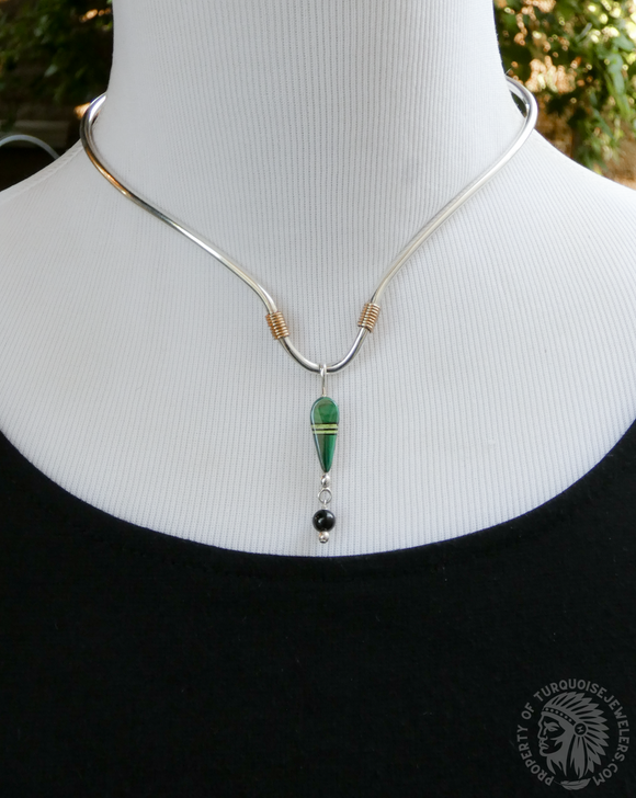 Native American Vintage Sterling Silver Malachite Inlay Onyx Collar Necklace