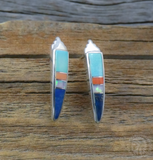 Native American Turquoise Coral Opal Multi Inlay Drop Stick Silver Earrings