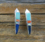 Native American Turquoise Coral Opal Multi Inlay Drop Stick Silver Earrings