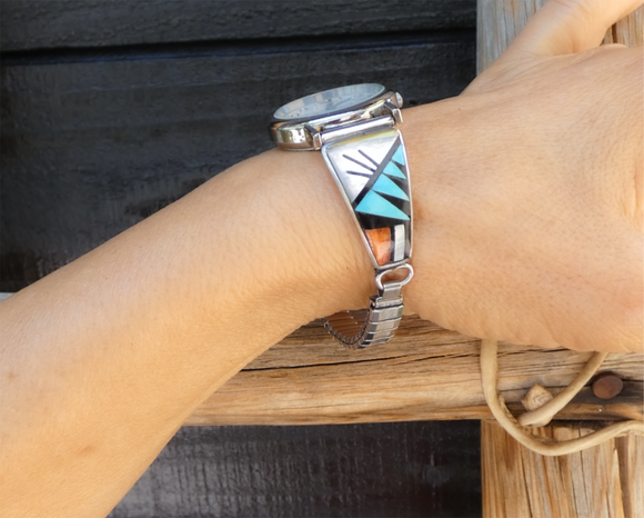 Native American Women's Zuni Turquoise Multi Inlay 925 Sterling Silver Watchband