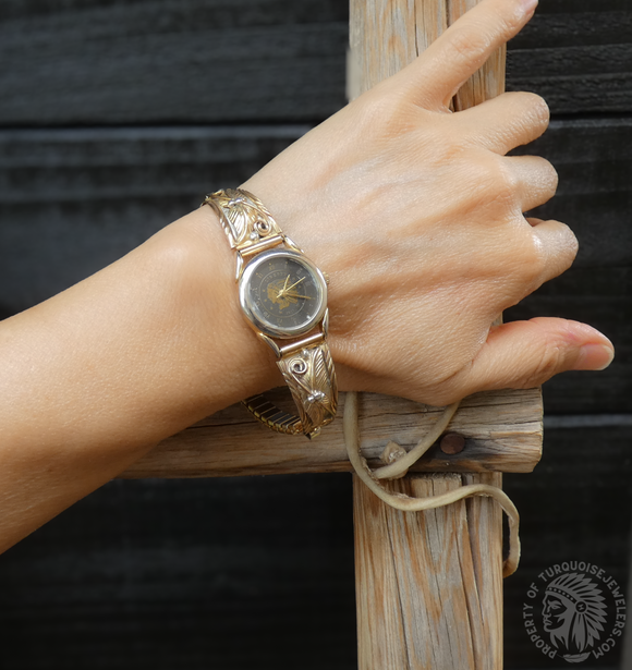 Vintage Native American Navajo 12KGF Gold Fill Silver Women's Leaf Watch