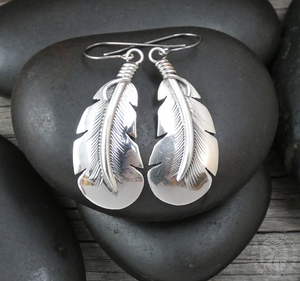 Large Native American Navajo Sterling Silver Feather Earrings