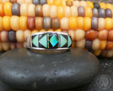 Native American Navajo Turquoise Onyx Men's Band Ring Sz 11, 925 Sterling Silver